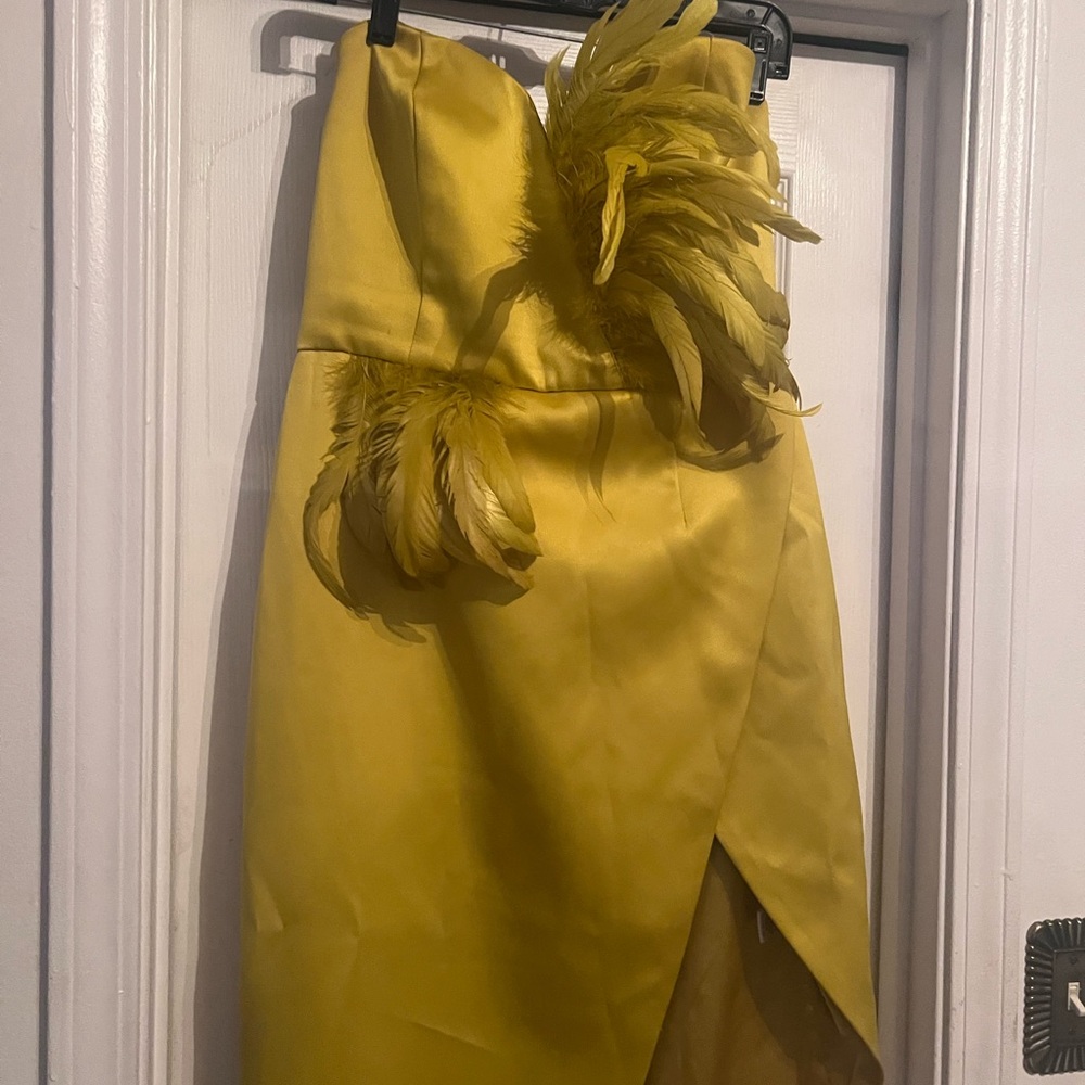 Fashion Nova Yellow Feathered Midi Dress